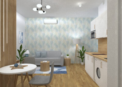 26 m²-es stúdiólakás bejárat, nappali és konyha egy légtérben – világos, modern belsőépítészeti koncepció