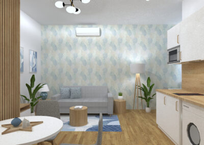 26 m²-es stúdiólakás nappali és konyha egyben – világos, modern belsőépítészeti koncepció